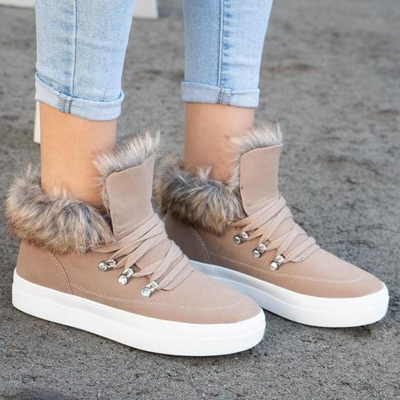 Soda Shoes - Soda Fury-G Faux Fur Lace Up Taupe Sneakers 9